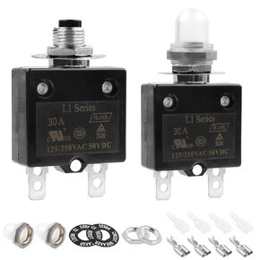 Tiooka 20A Manual Reset Button Circuit Breaker 2 Pack 125/250V AC 50V DC Thermal Overload Protector with Quick Connect Terminals and Waterproof Button Caps