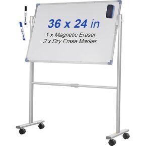 VEVOR Mobile Magnetic Whiteboard, 36 x 24 Inch, Double Sided, 360 Degree Reversible Rolling Dry Erase Board, Height Adjustable with Aluminum Frame and Lockable Swivel Wheels, for Office School Home in Kuwait