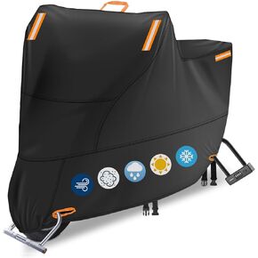 600D Motorcycle Cover Waterproof Outdoor Storage, Heavy Duty Oxford Motorbike Scooter Cover All Weather Protection with 4 Reflective Strips, 2 Lock-Holes, 2 Windproof Buckles (L: 74 x 35 x 43 inch)