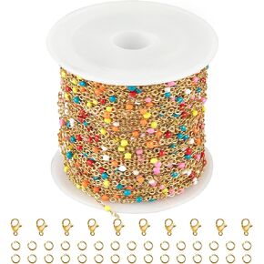 Kyutong 32.8 Feet Colorful Beaded Chain Spool Gold Plated Jewelry Making Chains Stainless Steel Cable Chain Links with Lobster Clasps and Jump Rings for Necklace Bracelet DIY