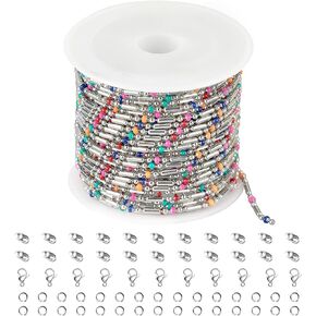 Kyutong 32.8 Feet Colorful Beaded Chain Spool Gold Plated Jewelry Making Chains Stainless Steel Cable Chain Links with Lobster Clasps and Jump Rings for Necklace Bracelet DIY