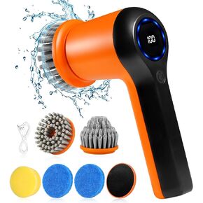 Electric Spin Scrubber,GRUTTI Power Scrubber Cordless Electric Shower Scrubber with Digital Display and 5 Replaceable Heads, 2 Adjustable Speeds,Cleaning Brush for Bathtub, Floor, Tile, Window
