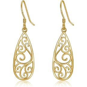 YZSFMZGE 925 Sterling Silver Post Dangle Drop Earrings for Women Girls 18k Gold Plated Filigree Teardrop Dangling Hook Earrings Jewelry Gifts for Christmas Birthday