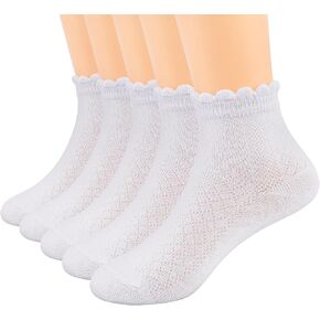 Meeshine 5 Pack Toddler Baby Girls Cotton White Socks Mesh Thin White Summer Ruffle Ankle Socks Kids