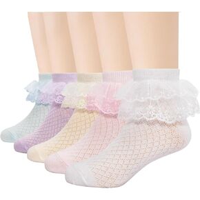 Meeshine 5 Pack Toddler Girls Ruffle Lace Trim Socks Eyelet Mesh Frilly Ankle Socks Princess Dress Soft Cotton Kids