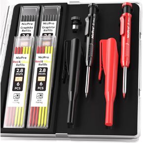 Nicpro 2Pack Carpenter Pencil with Sharpener, Mechanical Carpenter Pencils with 26 Refills (Red, Black, Yellow), Heavy Duty Construction Pencil, Woodworking Pencils for Architect