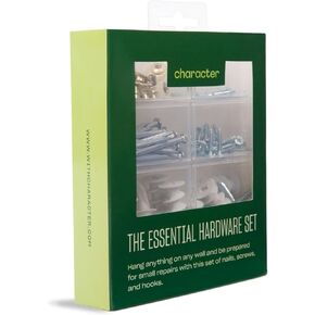 Character The Essential Hardware Set, Assorted Nails, Screws, Drywall Anchors, and Picture Hanging Hooks with Storage Box, 115 Pieces