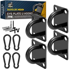 Square Stainless Steel Pad Eye Hooks- Ceiling Hooks for 4Pcs M10 Heavy Duty Square Hooks 4Pcs 10MM Snap Hooks, 16Pcs Screws & 16Pcs Expansion Tube Square hanging hook-hammock hook for Indoor Outdoor