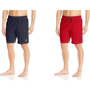 Nautica Men's Solid Quick Dry Classic Logo Swim Trunk, Navy/Nautica Red (2 Pack), Medium