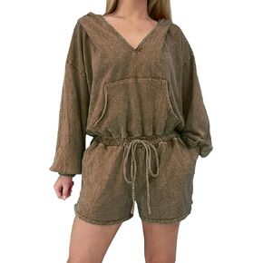 Kedera Women's Long Sleeve Shorts Jumpsuit V Neck Hooded Loose One Piece Rompers Loungewear Shortall with Kangaroo Pocket