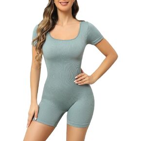 Lulu Shark Women One Piece Short Sleeve Rompers Catsuit Seamless Ribbed Yoga Fitness Workout Casual Bodycon Jumpsuit Short