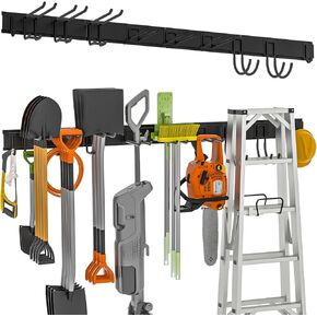 Garage Tool Organizer Wall Mount,Garden Tool Rack Organizer,32 Inch Study Tool Storage Rack for Garage Garden with 6 Adjustable Hooks and 2 Rails,Hold Up to 250lbs Black