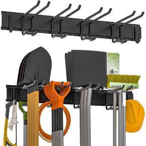 Garage Tool Organizer Wall Mount,Garden Tool Rack Organizer,32 Inch Study Tool Storage Rack for Garage Garden with 6 Adjustable Hooks and 2 Rails,Hold Up to 250lbs Black