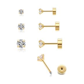3Pairs CZ Stud Flat Screw Back Earrings for Women Multiple Piercing,Dainty Flatback Cubic Zirconia Cartilage Earring Stud,Helix Tragus Conch Piercing Jewelry (2mm/3mm/4mm Gold, Black CZ)