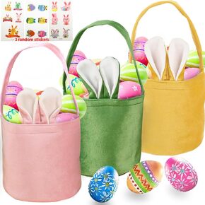 Aovaely 3 Pack Easter Baskets for Kids, Easter Eggs Baskets with Stickers Bunny Jute Tote Bags Easter Egg Fillers Baskets for Easter Party Favor Supplies