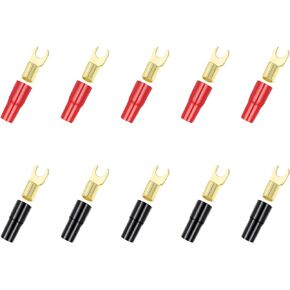 VICASKY 5 Pairs Copper Gold Plated 8 Gauge Strip Spade Terminal Spade Fork Adapters Connectors Plugs Crimp Barrier Spades for Speaker Wire Cable Terminal Plug 8GA ()