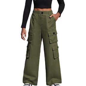SweatyRocks Girl's Casual Elastic High Waist Zip Up Cargo Pants Wide Leg Trousers with Flap Pocket