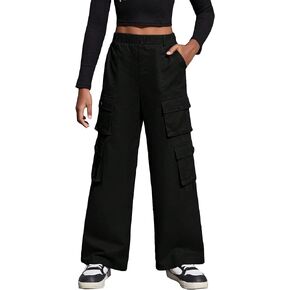 SweatyRocks Girl's Casual Elastic High Waist Zip Up Cargo Pants Wide Leg Trousers with Flap Pocket