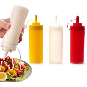 3 Pcs Plastic Squeeze Sauce Bottles with Nozzle Caps, Reusable Squeeze Condiment Bottles Dispensers Suitable for Mustard Olive Oil Jam Ketchup Salad Dressing(300ML)