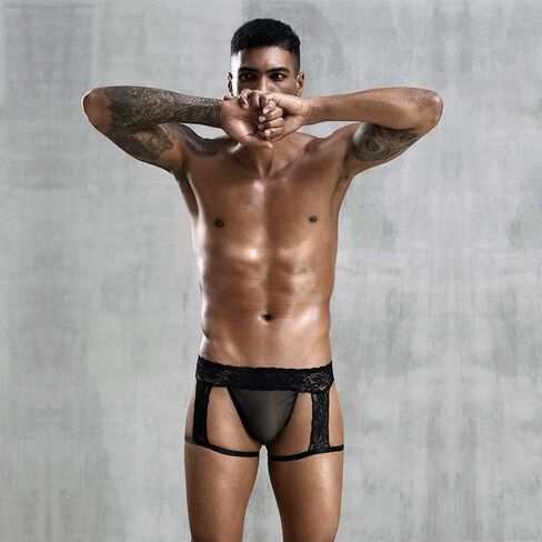 emaipokia Men's sexy black Underwear, Erotic Lace Sissy G String Panties with Garter in Saudi Arabia