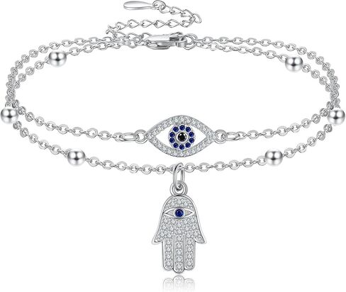 JERWLI Evil Eye Hamsa Anklet Sterling Silver Evil Eye and Hamsa Layered Anklet Bracelet Good Luck Protection Amulet Jewelry for Women Girls in Kuwait