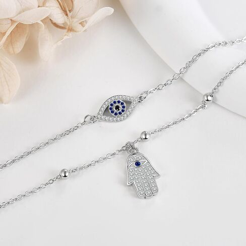 JERWLI Evil Eye Hamsa Anklet Sterling Silver Evil Eye and Hamsa Layered Anklet Bracelet Good Luck Protection Amulet Jewelry for Women Girls in Kuwait