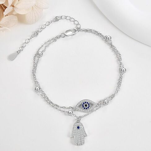 JERWLI Evil Eye Hamsa Anklet Sterling Silver Evil Eye and Hamsa Layered Anklet Bracelet Good Luck Protection Amulet Jewelry for Women Girls in Kuwait