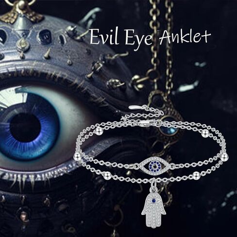 JERWLI Evil Eye Hamsa Anklet Sterling Silver Evil Eye and Hamsa Layered Anklet Bracelet Good Luck Protection Amulet Jewelry for Women Girls in Kuwait