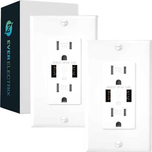 EverElectrix 10 منافذ حائط 4.8 أمبير مع منافذ USB 15 أمبير منافذ حائط USB مزدوجة مقاومة للعبث، شاحن مخرج USB، مدرج في قائمة UL، منفذ كهربائي مع منافذ USB مزدوجة، أوعية منافذ USB بيضاء in Kuwait