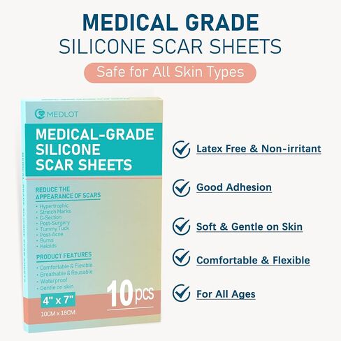 MEDLOT Silicone Scar Sheets, 10Pcs 4" x 7" Each, Medical Silicone Tape for Scar Treatment, Scar Patches for C-Section, Keloid Bump, Stretch Marks, Burn, Acne, Surgical Scar Removal in Saudi Arabia