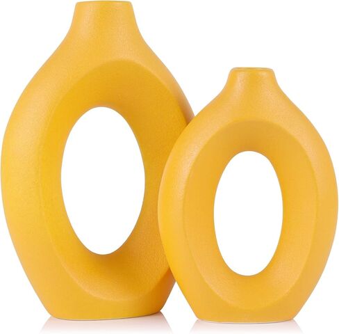 Yellow Vase Set of 2, Modern Hollow Matte Yellow Ceramic Vase, Boho ins Style Decorative Pampas Grass Flower Vase for Living Room, Wedding, Bedroom, Kitchen, Dining Table and Office, Centerpieces in Saudi Arabia