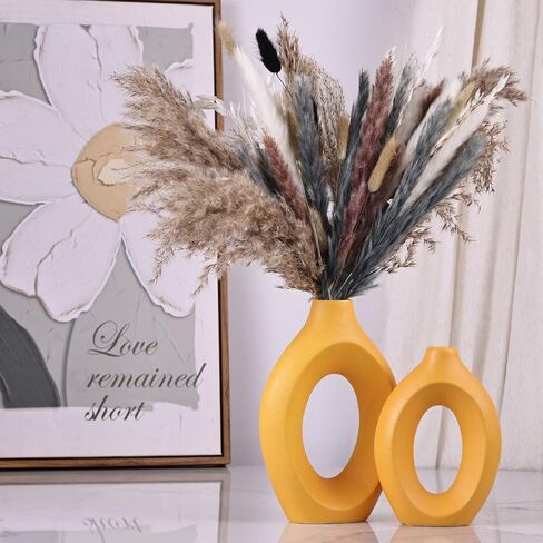Yellow Vase Set of 2, Modern Hollow Matte Yellow Ceramic Vase, Boho ins Style Decorative Pampas Grass Flower Vase for Living Room, Wedding, Bedroom, Kitchen, Dining Table and Office, Centerpieces in Saudi Arabia