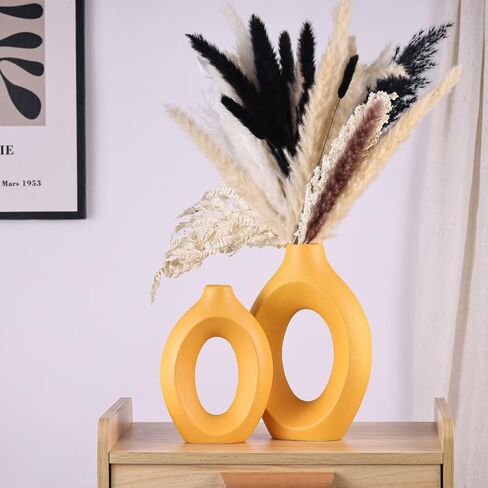 Yellow Vase Set of 2, Modern Hollow Matte Yellow Ceramic Vase, Boho ins Style Decorative Pampas Grass Flower Vase for Living Room, Wedding, Bedroom, Kitchen, Dining Table and Office, Centerpieces in Saudi Arabia