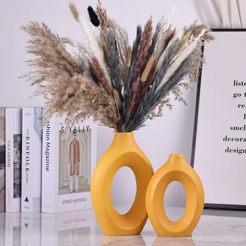 Yellow Vase Set of 2, Modern Hollow Matte Yellow Ceramic Vase, Boho ins Style Decorative Pampas Grass Flower Vase for Living Room, Wedding, Bedroom, Kitchen, Dining Table and Office, Centerpieces in Saudi Arabia
