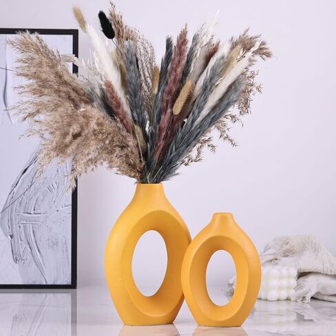 Yellow Vase Set of 2, Modern Hollow Matte Yellow Ceramic Vase, Boho ins Style Decorative Pampas Grass Flower Vase for Living Room, Wedding, Bedroom, Kitchen, Dining Table and Office, Centerpieces in Saudi Arabia