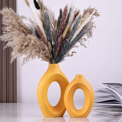 Yellow Vase Set of 2, Modern Hollow Matte Yellow Ceramic Vase, Boho ins Style Decorative Pampas Grass Flower Vase for Living Room, Wedding, Bedroom, Kitchen, Dining Table and Office, Centerpieces in Saudi Arabia