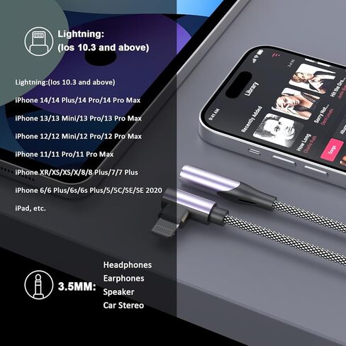 [Apple MFi Certified] 90 Degree Lightning to 3.5 mm Headphone Jack Adapter, 3 Pack iPhone Headphones Adapter Aux Dongle Adaptor Earphone Audio Coverter for iPhone 14 13 12 11 Pro Max XS XR X 8 7, iPad in Kuwait