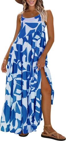 ECOWISH Women Sleeveless Maxi Dress: Summer Spaghetti Strap Casual Loose Boho Beach Dress Asymmetric Tiered Flowy Long Dress in Saudi Arabia