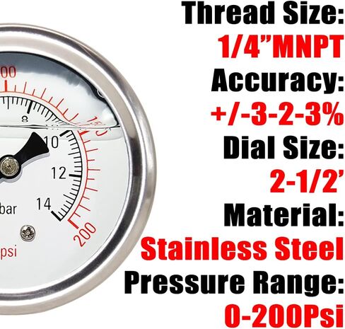 مقياس ضغط Qolekog 1/4 بوصة NPT 0-200Psi جليسرين مملوء بقرص 2 1/2 بوصة 304 حافظة من الفولاذ المقاوم للصدأ حامل خلفي مركزي in Kuwait
