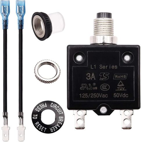 Tnisesm 3A Push Button Circuit Breaker 125/250V AC 50V DC, L1 Series Manual Reset Thermal Circuit Breaker with 19cm Wire Leads, 6.3mm Female Spade Terminals and Waterproof Button Transparent Cap in Saudi Arabia