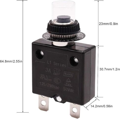 Tnisesm 3A Push Button Circuit Breaker 125/250V AC 50V DC, L1 Series Manual Reset Thermal Circuit Breaker with 19cm Wire Leads, 6.3mm Female Spade Terminals and Waterproof Button Transparent Cap in Saudi Arabia