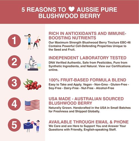 Aussie Pure Blushwood Berry EBC-46 صبغة دعم المناعة والخلايا ذات القوة القصوى - مستخلص الفاكهة والبذور - تركيبة جلسرين لطيفة وفموية وموضعية خالية من الكحول - جميع الأعمار - زجاجة واحدة 120 مل in Kuwait