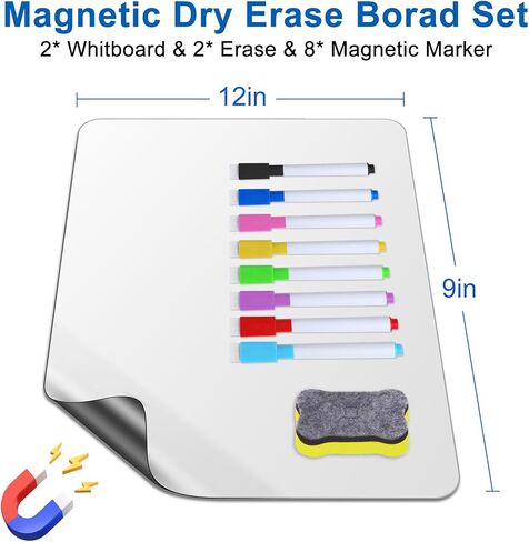 2PCS Magnetic Whiteboard for Fridge,Magnetic Dry Erase Board for Refrigerator with 8 Marker and 2 Eraser, Fridge Whiteboard Magnetic for Home Kitchen Memo Grocery List (12" X 9") in Saudi Arabia