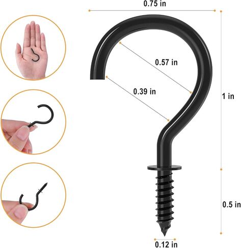 RELBRO 100 Pcs Screw Hooks, 1 Inch Metal Cup Hooks Screw in Mug Hooks Heavy Duty Screw Wood Wall Ceiling Hooks Plant Hooks Indoor Outdoor for Utensils Crafts Baskets Lights Wreaths - Black in Kuwait