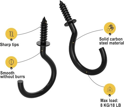 RELBRO 100 Pcs Screw Hooks, 1 Inch Metal Cup Hooks Screw in Mug Hooks Heavy Duty Screw Wood Wall Ceiling Hooks Plant Hooks Indoor Outdoor for Utensils Crafts Baskets Lights Wreaths - Black in Kuwait
