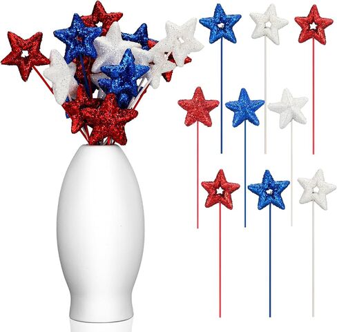 Yuxung 36 Pcs 4th of July Foam Glitter Star Picks 2.3 x 7.9'' Red, White and Blue Star Stems Patriotic Independence Day Decor Patriotic Floral Picks for Flower Arrangements Home Decorations in Saudi Arabia