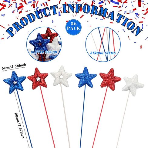 Yuxung 36 Pcs 4th of July Foam Glitter Star Picks 2.3 x 7.9'' Red, White and Blue Star Stems Patriotic Independence Day Decor Patriotic Floral Picks for Flower Arrangements Home Decorations in Saudi Arabia