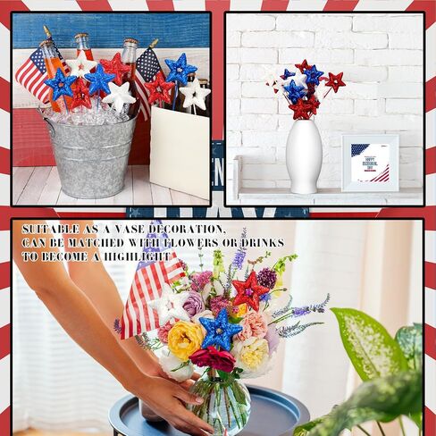 Yuxung 36 Pcs 4th of July Foam Glitter Star Picks 2.3 x 7.9'' Red, White and Blue Star Stems Patriotic Independence Day Decor Patriotic Floral Picks for Flower Arrangements Home Decorations in Saudi Arabia