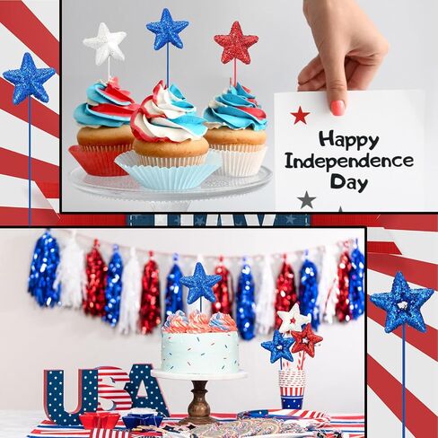 Yuxung 36 Pcs 4th of July Foam Glitter Star Picks 2.3 x 7.9'' Red, White and Blue Star Stems Patriotic Independence Day Decor Patriotic Floral Picks for Flower Arrangements Home Decorations in Saudi Arabia