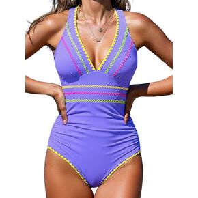 popvil Modest One Piece Swimsuit Women V Neck Tummy Control Bathing Suit with Sexy Cross Back Adjustable Strap in Saudi Arabia